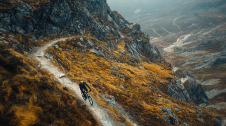 Cyclist navigating a mountain trail, seen from above with the rugged landscape in view.の素材