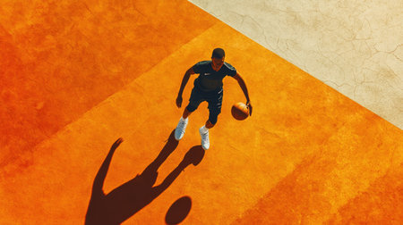 Basketball player dribbling down the court, seen from a top-down angle.の素材