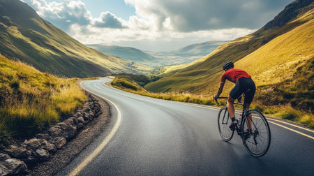 Cyclist racing on a winding mountain road, with open sky and landscape for copy. -の素材