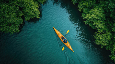Kayaker paddling through a calm river, with plenty of space on the water for text.の素材