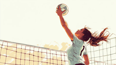 Volleyball player spiking the ball, with plenty of open court and net space for text.の素材