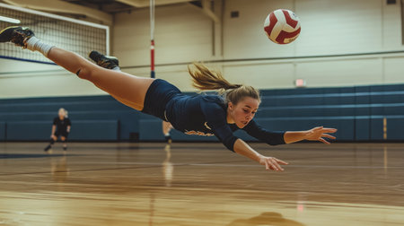 Volleyball player diving for a save, with open court space for copy.の素材