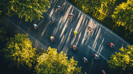 Cyclists in a road race, captured from above with trees lining the path.の素材