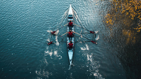 Rowing team gliding across the water, with plenty of space for text on the riverの素材