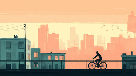 Cyclist riding through an urban landscape, with buildings and road offering space for text.の素材