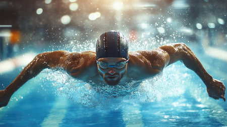 Swimmer doing laps in a pool, with water and space for text in the air.の素材