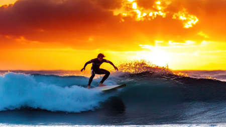 Surfer catching a wave at sunset, with open ocean and sky for copy.の素材