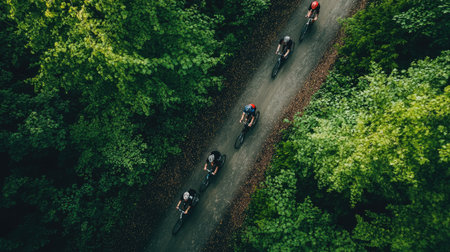 Top view of cyclists riding through a forested trail, with trees on either side.の素材