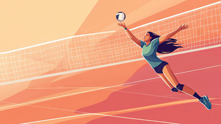 Volleyball player jumping to spike the ball, with open court for text.の素材