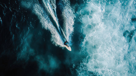 Surfer catching a wave, captured from above with the ocean in full viewの素材