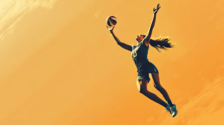 Volleyball player jumping for a serve, with plenty of open space for copy.の素材