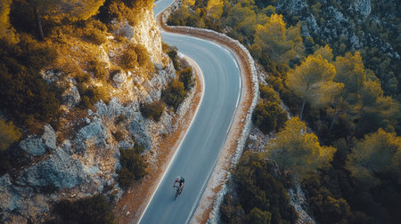 Top view of a cyclist navigating sharp turns on a mountain road, with cliffs in sight.の素材