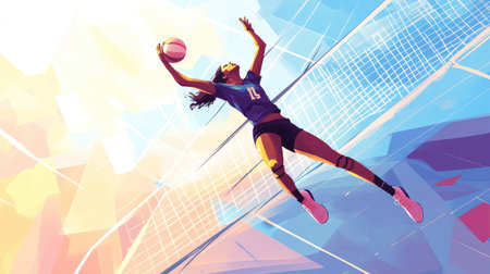 Volleyball player jumping to spike the ball, with open court for text.の素材