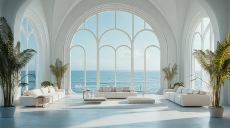 Experience a serene modern interior showcasing bright luxury. This design features an expansive ocean view through large windows, complemented by elegant furnishings and palm plants. Perfect for inspiring tranquility and aesthetic beauty.の素材