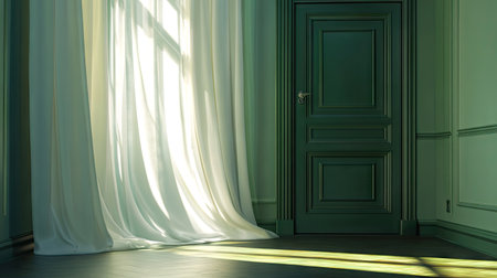 A serene bedroom featuring soft curtains and natural light streaming through a green-hued interior, creating a tranquil and inviting atmosphere.の素材