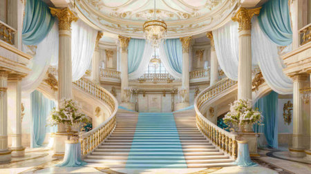 Discover an elegant grand foyer featuring a stunning staircase, luxurious blue drapes, and ornate details. Perfect for showcasing opulent architecture and design.の素材
