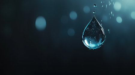 A stunning close-up of a water drop captured in a rain shower. This image highlights the beauty and clarity of droplets against a dark background, emphasizing nature's elegance and tranquility.の素材