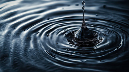 Captivating macro shot of a water droplet creating ripples on a dark surface, showcasing the beauty of fluid dynamics and serene aesthetics.の素材