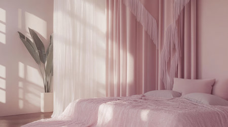 A serene and modern pink bedroom featuring soft textures, natural light, and elegant decor. Ideal for interior design inspiration and cozy atmospheres.の素材