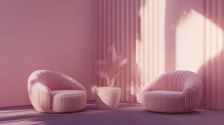 This elegant 3D illustration showcases a refined seating area with soft pink tones, perfect for modern interior design projects. Ideal for decor inspiration.の素材