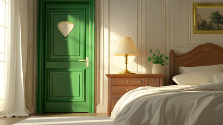 This 3D illustration depicts a serene bedroom scene featuring a green door, soft lighting, and elegant furnishings, creating a calm and inviting atmosphere.の素材