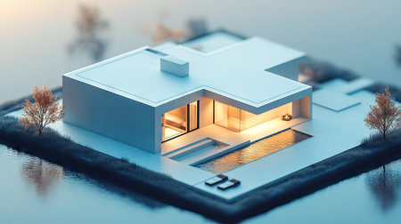 A sleek and stylish flat roof house illustrated in 3D, showcasing modern architectural design. The serene scene is enhanced by evening light and reflections in the water, offering a tranquil and inviting atmosphere.の素材