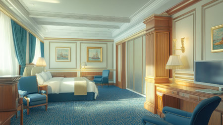 A stunning 3D illustration of an elegant presidential hotel suite featuring refined decor, luxurious furnishings, and a serene ambiance. Perfect for showcasing upscale interiors.の素材