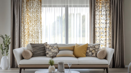 Discover an elegant living room design in this 3D illustration, showcasing cozy furniture, stylish curtains, and a serene atmosphere for modern interiors.の素材