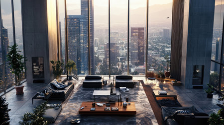 A stunning 3D illustration of an empty modern high-rise interior, showcasing a panoramic city view bathed in daylight, emphasizing clean lines and minimalist decor.の素材