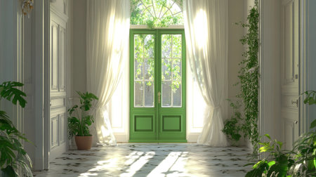 Explore an elegant hallway featuring green doors, abundant natural light, and lush plants. This inviting space highlights modern design and tranquility.の素材