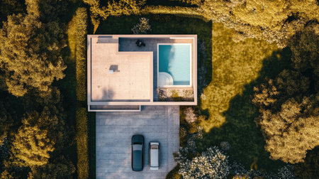 A stylish 3D render showcasing a flat roof house with a pool, surrounded by greenery. This modern design highlights architectural elegance and serene outdoor living.の素材