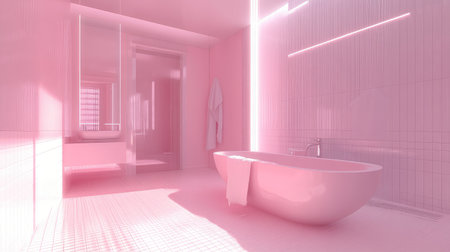 Explore a chic pink shower casing in a modern bathroom setting. This 3D rendering showcases a sleek tub, bright lighting, and stylish minimalism.の素材