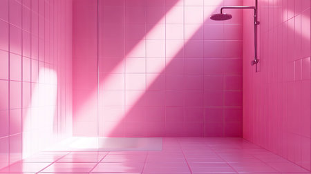 This 3D rendering showcases a chic pink shower casing, highlighting modern interior design with vibrant hues and elegant lines for a luxurious ambiance.の素材
