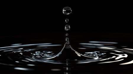 A mesmerizing 3D rendering showcasing a single raindrop creating ripples in a dark background. Perfect for projects focused on nature and water themes.の素材