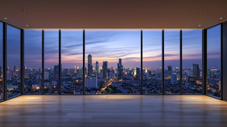 Discover a luxurious empty room with large windows showcasing a stunning city skyline at dusk, creating a serene and modern atmosphere perfect for any project.の素材