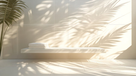 Explore a stunning 3D rendering of a luxurious bathroom, featuring soft natural light, elegant textures, and minimalist design elements for a serene atmosphere.の素材