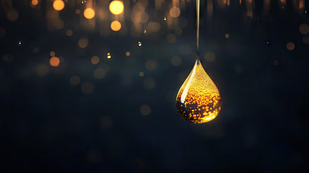 A stunning macro capture showcasing a beautiful rain drop with golden highlights, featuring delicate reflections and a soft bokeh background, perfect for artistic projects.の素材