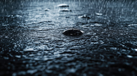 Experience a hyper-realistic 3D rendering of rain droplets cascading on a surface, showcasing intricate details and tranquil aesthetics in a serene environment.の素材