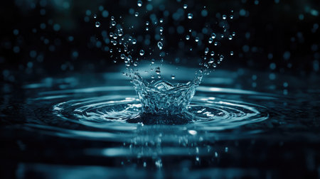 Captivating macro shot of a raindrop creating a splash on a tranquil water surface. The rich blue tones and detailed droplets highlight nature's beauty and motion.の素材