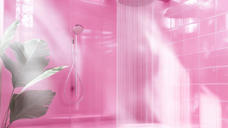 Experience a stunning 3D illustration of a pink shower environment, blending modern design and nature with luxurious aesthetics for a calming atmosphere.の素材