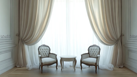 This beautifully styled 3D render showcases an elegant interior featuring classic chairs and soft drapes, perfectly blending comfort and sophistication.の素材