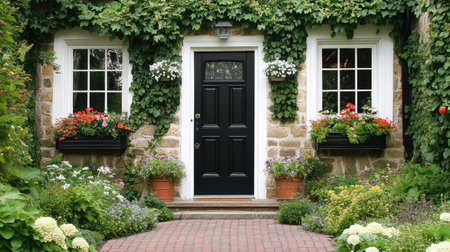 A charming black door with white trim invites you into this beautiful home, framed by lush greenery and colorful flower boxes, creating a serene garden entrance.の素材
