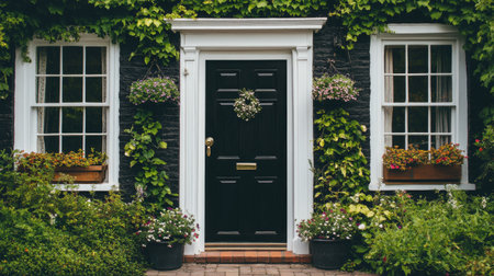 A charming black door with white trim invites you into a lush garden, framed by vibrant greenery and colorful flowers, creating a serene outdoor aesthetic.の素材