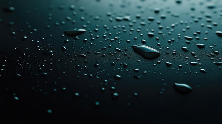 Captivating macro view showcasing water droplets on a smooth surface. This image highlights the beauty and detail of droplets, creating a serene atmosphere.の素材