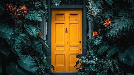 A striking yellow door set against a lush green backdrop of tropical plants, creating a vibrant and inviting entrance filled with charm and natural beauty.の素材