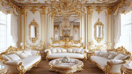 Experience the elegance of a captivating baroque style interior with luxurious white and gold decor, featuring intricate details and a warm ambiance.の素材