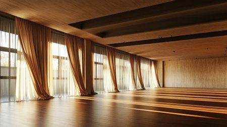 A beautifully designed empty room featuring natural light filtering through draped curtains, showcasing a minimalist aesthetic with warm tones and elegant simplicity.の素材