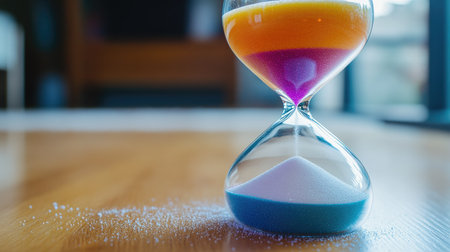 A vibrant hourglass showcasing bright colors in its flowing sand, perfect for adding a creative touch to any indoor space while symbolizing the passage of time.の素材