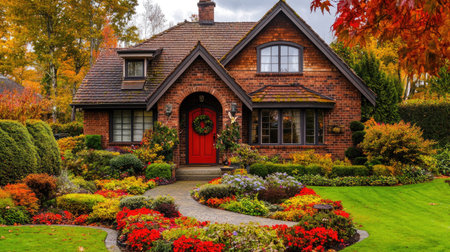 Explore a charming cozy red brick home surrounded by a vibrant garden, showcasing beautiful autumn foliage and a welcoming front entrance.の素材