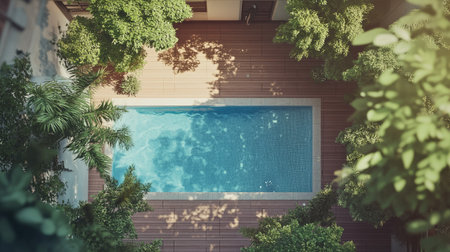 A stunning 3D render of a contemporary house exterior showcasing a tranquil pool surrounded by lush greenery, perfect for relaxation and outdoor enjoyment.の素材